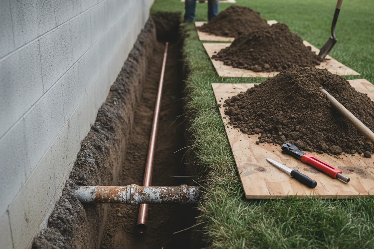 Excavated water line trench during Water Heater Repair in Calverton